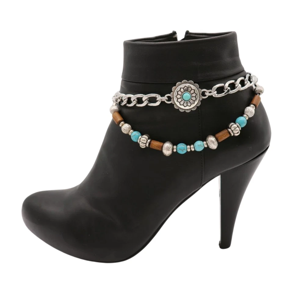 Mujeres 2 PIEZAS Bota de Vaquero de Metal Plateado Cadena Zapato Tobilleras Onda Étnico Flores Dijes Foto 2 de 4