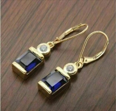 3Ct Lab Created Blue Sapphire Women's Drop Earrings 14K Yellow Gold Plated