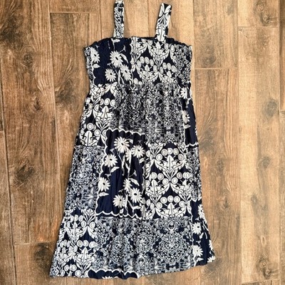 La Cera Womens Floral Paisley Smocked Midi Dress, Navy White, L (New)