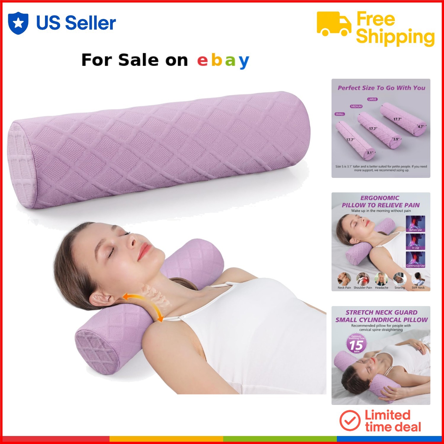 Memory Foam Cervical Neck Pillow Bolster Support for Sleep Yoga Pain Relief