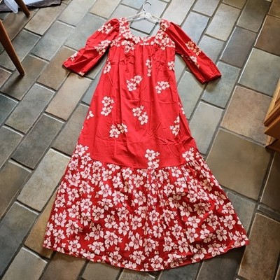 Vintage 60s Sidan True Hawaiian Red & White Floral MuuMuu Maxi Dress Sz L