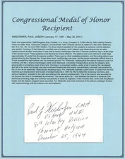 Paul Joseph Wiedorfer d2011 signed autograph 3x5 cut USA Army WWII MOH Recipient