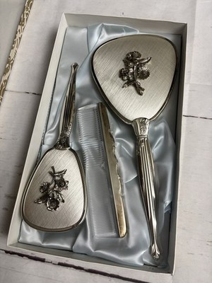 Vintage Silver Tone Brush, Mirror & Comb Vanity Set With Rose Design Never used