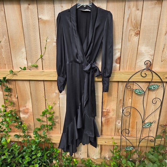 Zimmermann Black Silk Wrap Ruffle Midi dress size 1/4-6 US