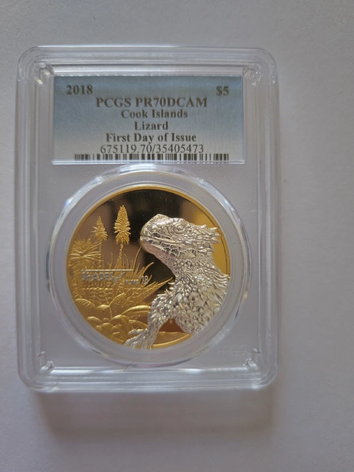 2018 PCGS PR70 DCAM - FIRST DAY OF ISSUE! Cook Islands Lizard Gilded Silver Coin - Image 2 of 4