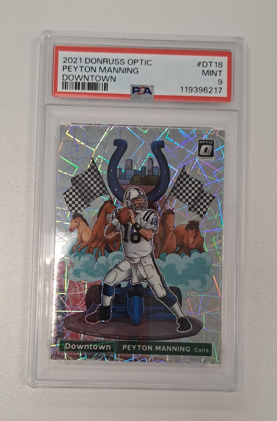 Peyton Manning 2021 Panini Donruss Optic Downtown DT-18 PSA 9 Case Hit Colts