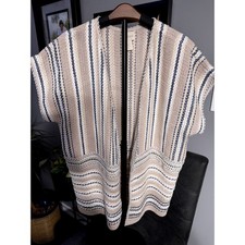 Chico's Open Front Knit Vest Neutral Stripe Short Sleeve Cotton Blend Size 2