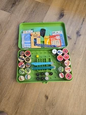 Vintage Plastic Green Sewing Box with Contents, 30 + pieces 