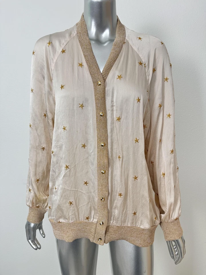 Vintage Silk Sweater Cardigan Womens 10 Gold Stars 80s 90s Glam Oleg Cassini - Image 2 of 4