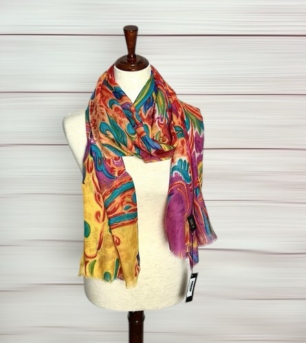 NWT Saachi Large Oblong Scarf Shawl Wrap Wool Silk Bright Multicolor Handmade - Picture 3 of 12