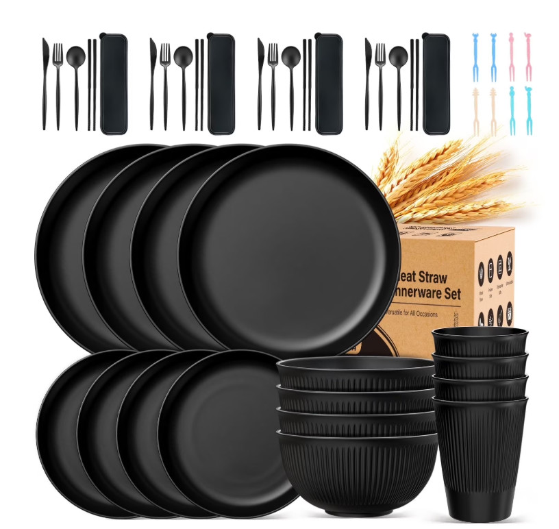 48 Pcs Plates Bowls Black Microwave Dishwasher Safe