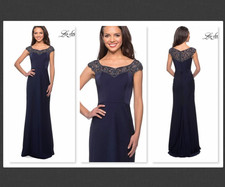 NEW La Femme Navy Blue Sparkling Beaded Column Gown Size 8     B566