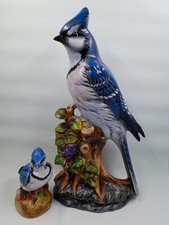 Blue Jay Bird Figurines Lot Hand Painted Ceramic Statues Signed Manna Blue White