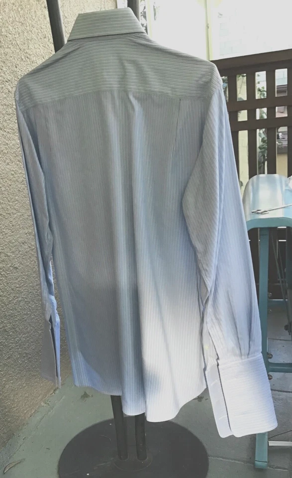 Camisa de vestir Armani Collezione puño francés azul a rayas algodón talla UE 38/ EE. UU. 15 Foto 3 de 4