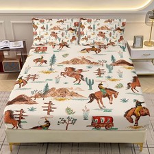 Western Cowboy Fitted Sheet Set for Boys,Girls,3Pcs American Wild West Desert...