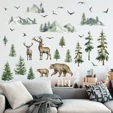 Kajaia Mountain Wall Decals Large Pine Tree Peel and Stick Forest Tree Deer B...