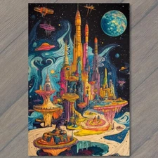 Art Print Futuristic Cityscape Neon Sci-Fi Alien World Space Scene Planets