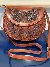 Floral Tooled Leather Purse Brown Saddle Bag Stitched Vtg 70s 80s Womens Peru