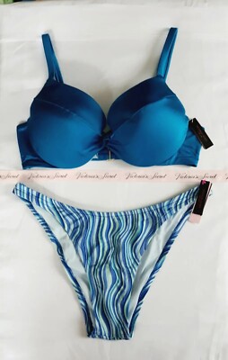 Victorias Secret Swim 2pc Bikini Set 38C Pushup Removable Pads/XL Brazilian Blue