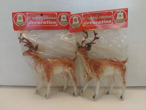 2 Vtg. Plastic Reindeer w/ Bell Hong Kong 7" Original Packaging Commodore