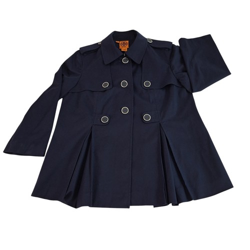 Tory Burch Pea Coat Womens 10 Navy Blue Button Up Pleated 3 Button Jacket Lined