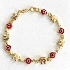 18K Gold Filled Elephant Bracelet Red Evil Eye Lucky Charm 7.25" - B127