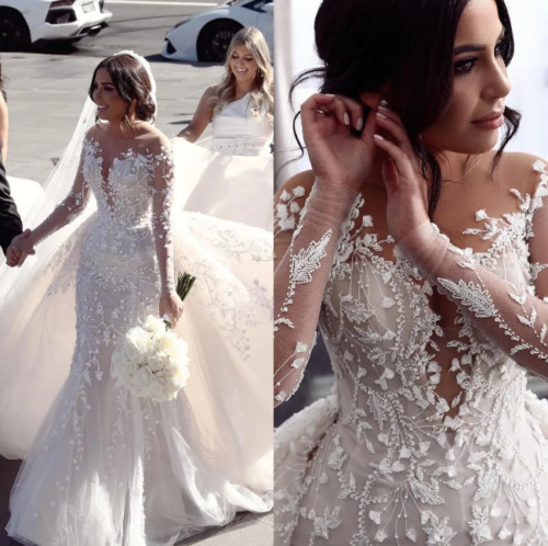 Elegante Meerjungfrau Hochzeitskleider V-Ausschnitt Langarm Spitze Applikation Brautkleider - Bild 1 von 11