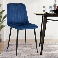 Image of Set of 4 Blue Velvet Modern Kitchen Dining Chairs Soft Padded Seat & Metal Legs