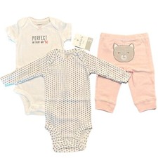 Carter's Infant Girls Pink  Gray 3 pc Set Bodysuits  Pants Kitty Cat 3 Months