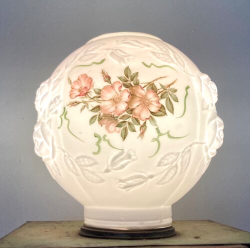 GWTW PUFFY ROSE FLORAL MILK GLASS BALL LAMP GLOBE SHADE VICTORIAN PARLOR