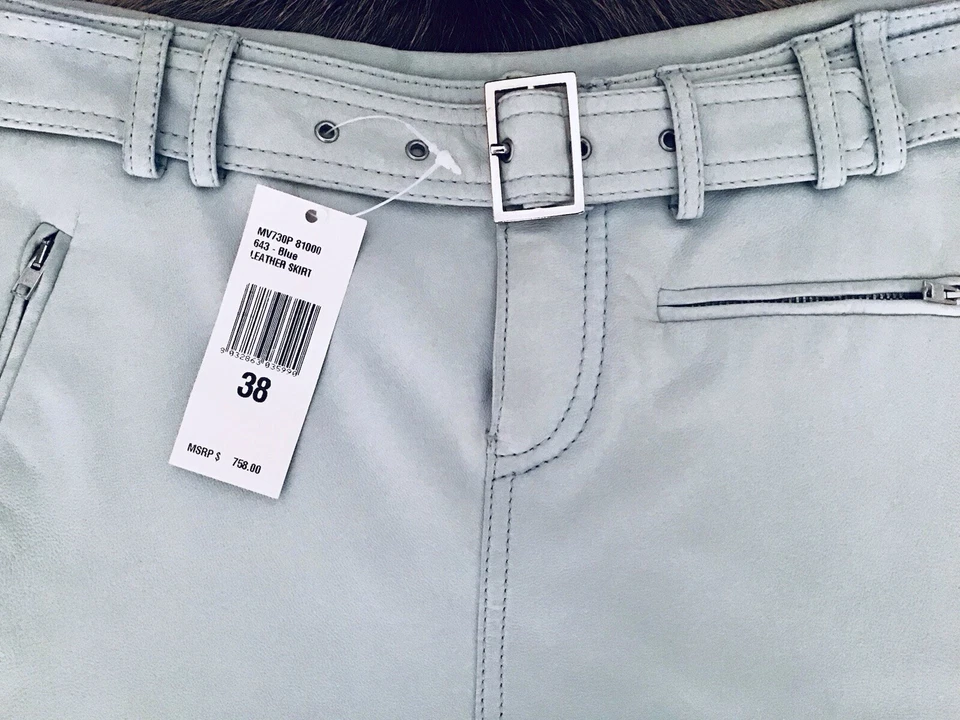 Minifalda de cuero VERSACE-azul claro-cinturón- cremallera frontal-2 Pkt-IT 38-US 4-DE COLECCIÓN NUEVA CON ETIQUETAS Foto 3 de 4