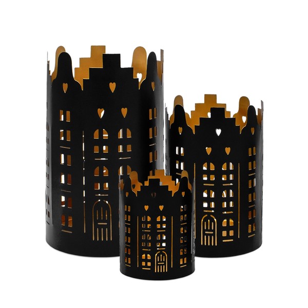 Metall Weihnachts Windlicht Rund - 3Er Set - Deko Tisch Laterne Skyline Schwarz-image