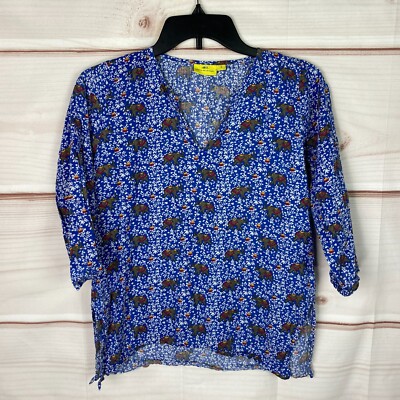 Roberta Roller Rabbit Top Womens 8 Blue Elephant Floral Blouse 3/4 Sleeve Cotton