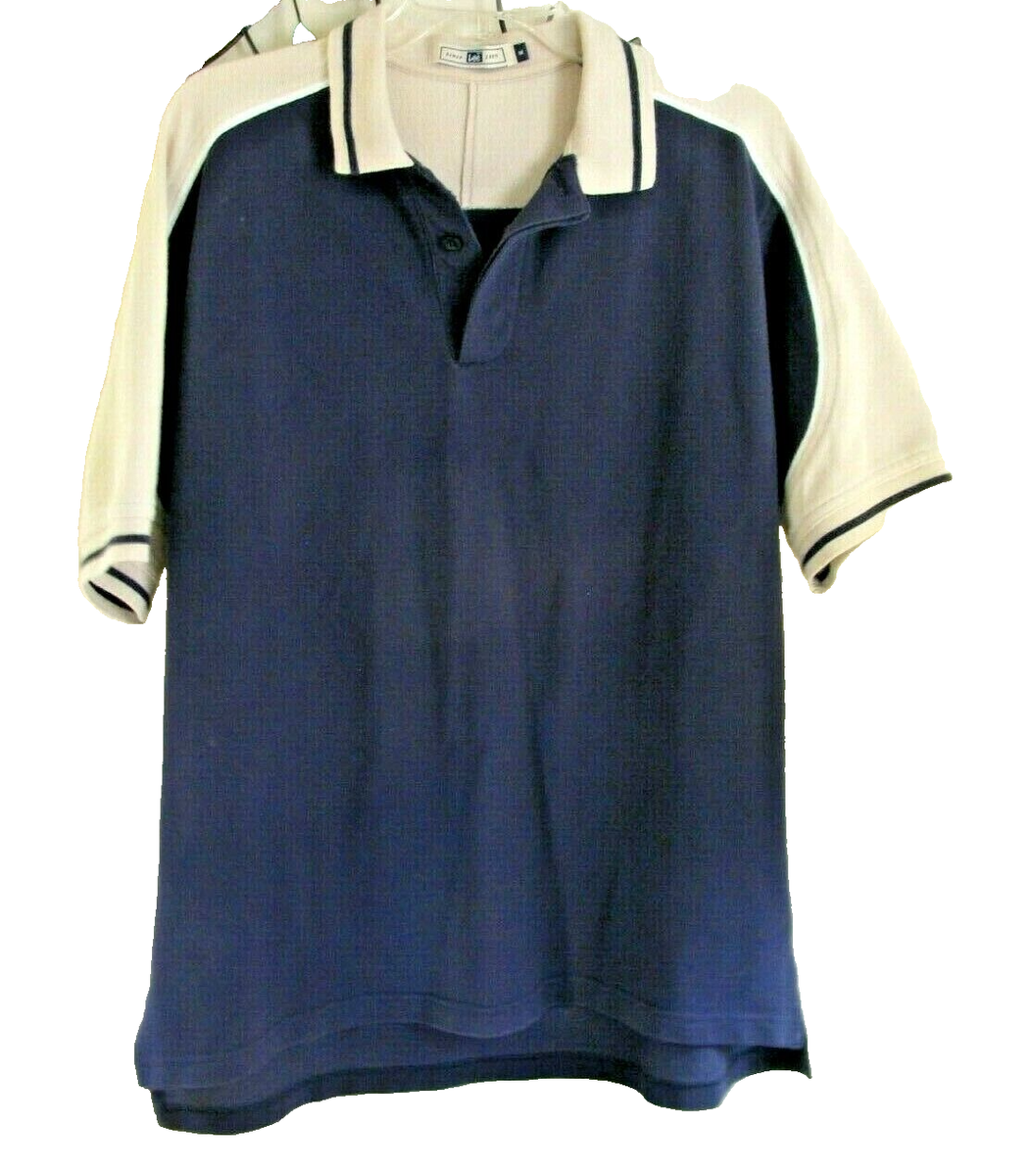 Lee Mens size Medium Polo Shirt Blue Tan button short sleeve pullover  top