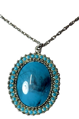 Silver Oval Necklace - Turquoise Accents & Inlay - Elegant Boho Jewelry