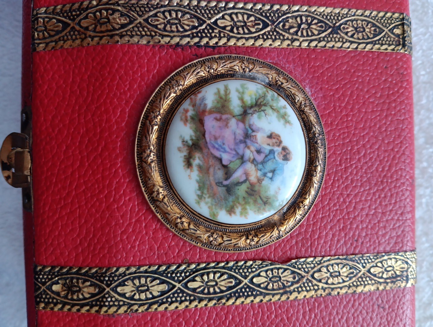 Vintage Wooden Jewelry Box with Porcelain Hand-Painted Romantic Design 8x5x2.5-image