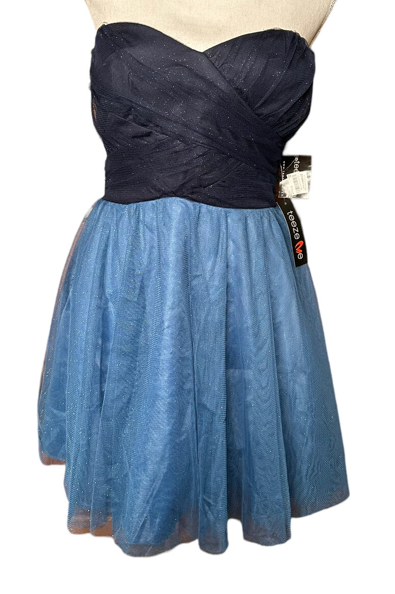 NEW Teeze Me Blue Strapless Tulle Glitter Sparkle Fit Flare