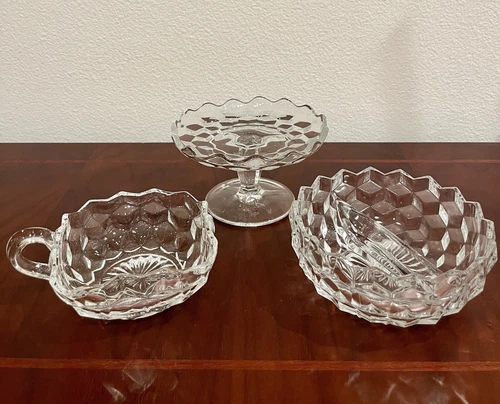 Vintage Fostoria American Glass Dishes 3 Pcs Lot Round & Square & Pedestal Small