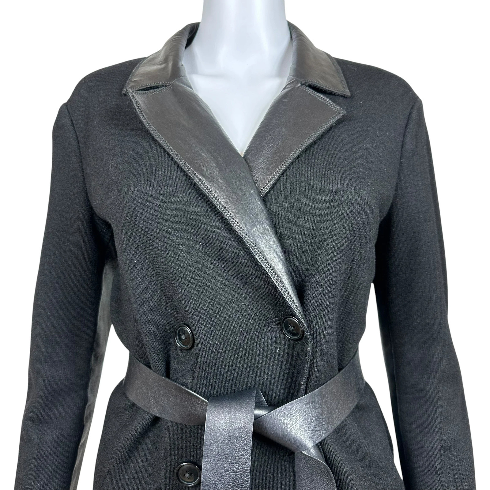 Bottega Veneta Black Leather & Wool Knit Trench Coat thumbnail 3