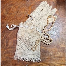 Vtg Crochet Gloves w/ Drawstring Bag  Glove Clip Edwardian Set Pearls Not Inc