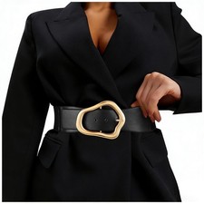 Wide Elastic Waist Belt for Dresses Fashion Big Gold Buckle Stretchy Leather ...