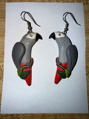 African Grey Parrot Jewelry Earrings Handcrafted Polymer Clay by Alicia Merritt