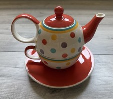 Whittard Tea For One Set Red Polka Dot Teapot Cup Saucer Stacking Ceramic
