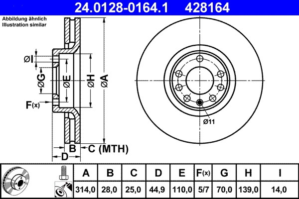 Disque de frein ATE 24.0128-0164.1 alliage haute performance OE 569005