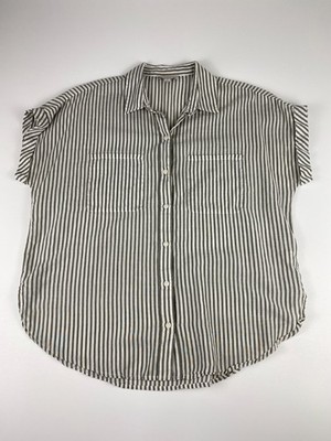 Lucky Brand Womens Rolled Sleeve Striped Button Down Shirt Relaxed Grey White SM