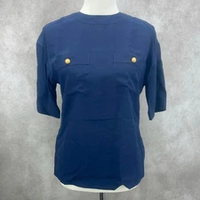 Vintage 90s Carlisle 100% Silk Navy Blue Blouse Top Women's Size 2 Brass Buttons