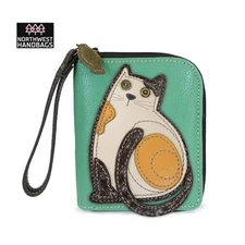 LAZY CAT KITTEN ZIP AROUND WALLET WRISTLET TEAL CHALA