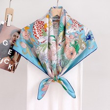 💯Mulberry Silk Scarf in Blue Orange Animal Flower Design 90x90/35”Hand-Rolled