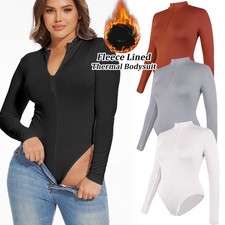 Women Fleece Lined Thermal Bodysuit Top One Piece Long Sleeve Shirts Undershirts