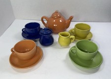 Schylling Childrens 13 Piece Bright Multi Colored Fiesta Style Ceramic Tea Set